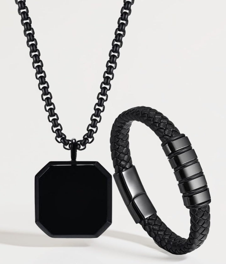 PrimeChain Silver Chain For Men Stainless Steel Square Silver Pendant With Black Leather Bracelet For Men Boys Love Gifts Combo