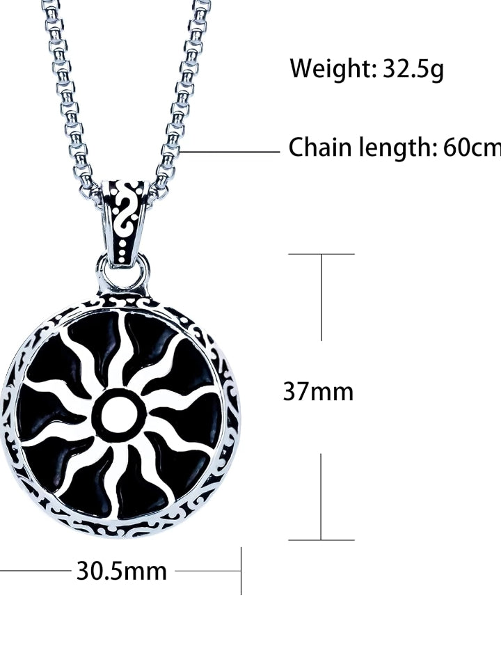 PrimeChain Men's Jewellery Silver Chain For Mens Sun Power Design Silver Pendant For Boys Men Stainless Steel Black Silver Locket Pendant Necklace For Boys And Men